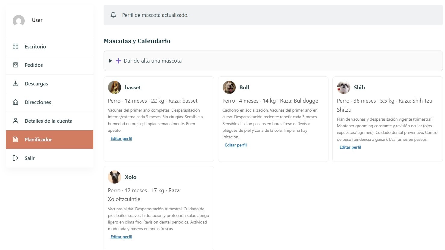 Cuatro perfiles de mascotas dados de alta en el Planificador (Basset, Bulldogge, Shih Tzu y Xoloitzcuintle)