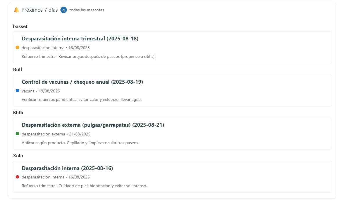 Cuatro recordatorios creados (uno por cada mascota) mostrando títulos, tipos y fechas