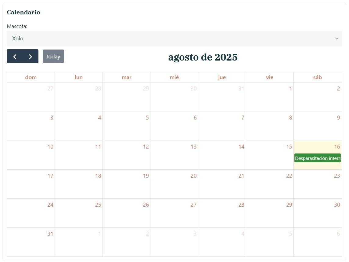 Vista del calendario con eventos de distintas mascotas y colores por tipo