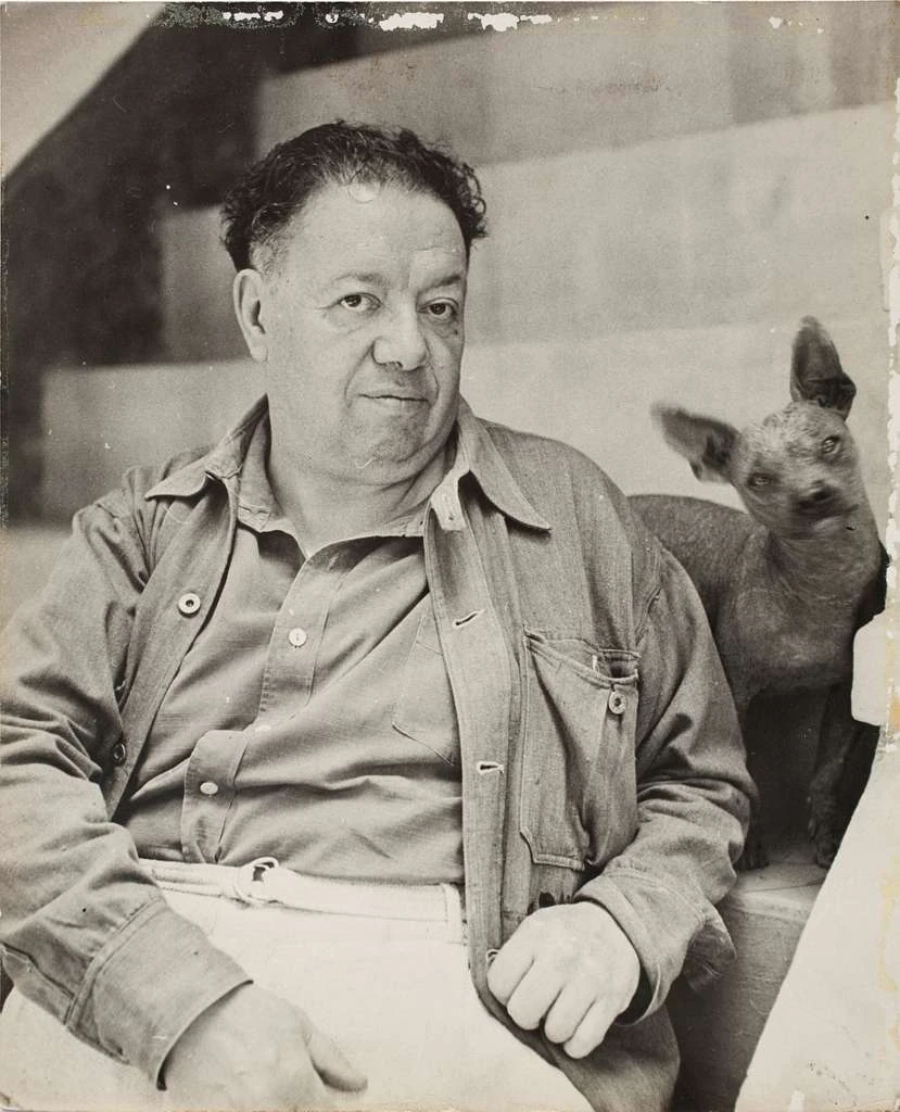 Diego Rivera con su perro (Xoloitzcuintle)