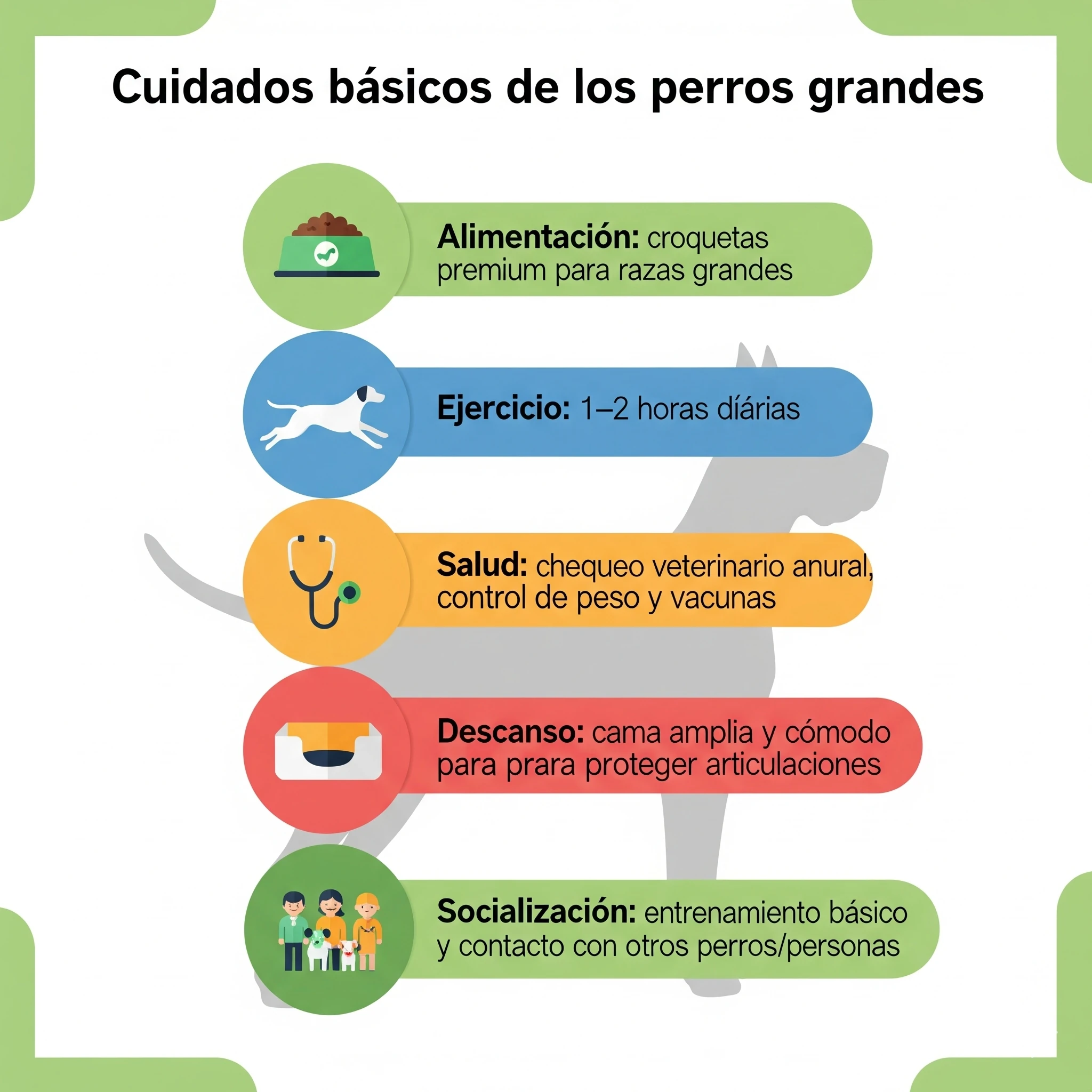 Infografía con cuidados básicos para perros grandes: alimentación, ejercicio, salud, descanso y socialización